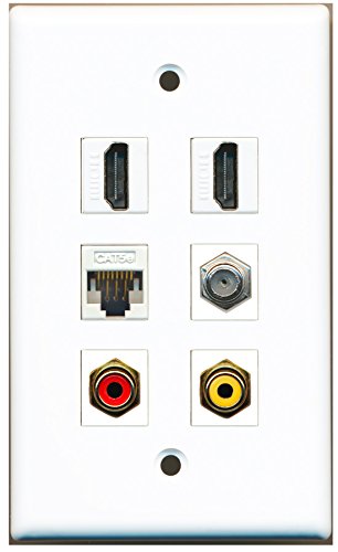 RiteAV - 2 HDMI 1 Port RCA Red 1 Port RCA Yellow 1 Port Coax Cable TV- F-Type 1 Port Cat5e Ethernet White Wall Plate