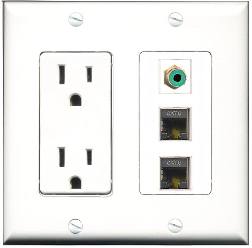 RiteAV - 15 Amp Power Outlet 1 Port RCA Green 2 Port Shielded Cat6 Ethernet Ethernet Decorative Wall Plate