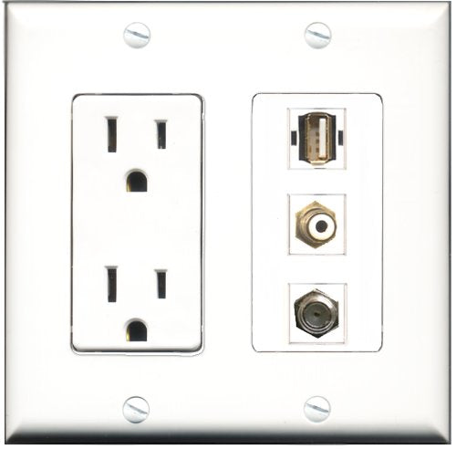 RiteAV - 15 Amp Power Outlet 1 Port RCA White 1 Port Coax 1 Port USB A-A Decorative Wall Plate