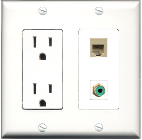 RiteAV - 15 Amp Power Outlet and 1 Port RCA Green and 1 Port Phone RJ11 RJ12 Beige Decorative Type Wall Plate White