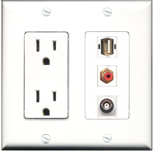 RiteAV - 15 Amp Power Outlet 1 Port RCA Red 1 Port USB A-A 1 Port BNC Decorative Wall Plate