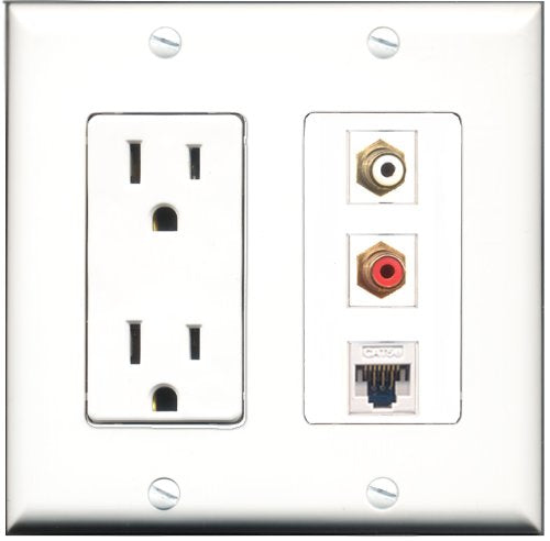 RiteAV - 15 Amp Power Outlet 1 Port RCA Red 1 Port RCA White 1 Port Cat5e Ethernet White Decorative Wall Plate