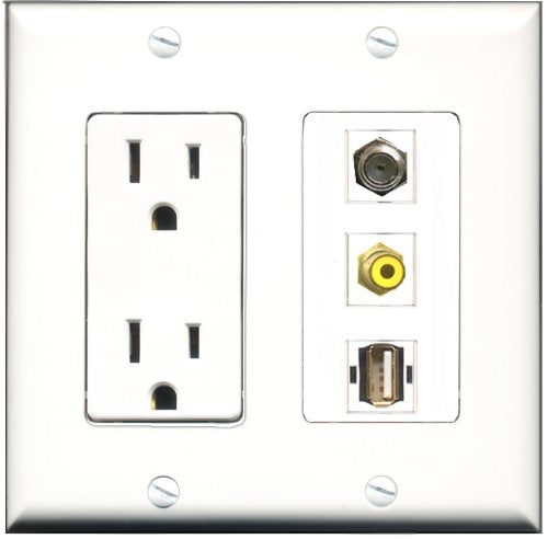 RiteAV - 15 Amp Power Outlet 1 Port RCA Yellow 1 Port Coax 1 Port USB A-A Decorative Wall Plate