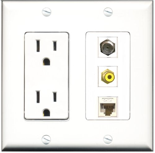 RiteAV - 15 Amp Power Outlet 1 Port RCA Yellow 1 Port Coax 1 Port Cat6 Ethernet Ethernet White Decorative Wall Plate