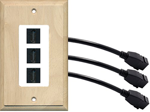 RiteAV (1 Gang Decorative) 3 HDMI Black Wall Plate w/ Pigtail Extension Cable Wood on White