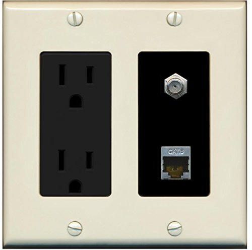 RiteAV - 15 Amp Power Outlet 1 Port Coax Cable TV- F-Type and Shielded Cat6 Ethernet Wall Plate - Light Almond/Black