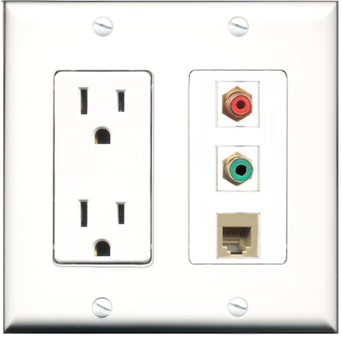 RiteAV - 15 Amp Power Outlet 1 Port RCA Red 1 Port RCA Green 1 Port Phone Beige Decorative Wall Plate