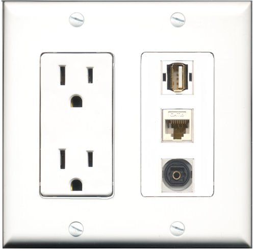 RiteAV - 15 Amp Power Outlet 1 Port USB A-A 1 Port Toslink 1 Port Cat6 Ethernet Ethernet White Decorative Wall Plate