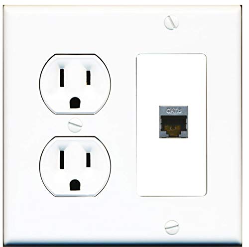 15 Amp Round Power Outlet 1 Port Cat6 Shielded Ethernet Wall Plate White