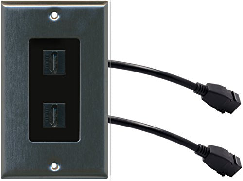 RiteAV (1 Gang Decorative) 2 HDMI Black Wall Plate w/ Pigtail Extension Cable Stainless (Black Insert)