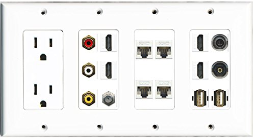 RiteAV - (4 Gang) 15A Outlet 4 HDMI Coax 4 Cat5e Composite 3.5mm Toslink 2 USB Wall Plate