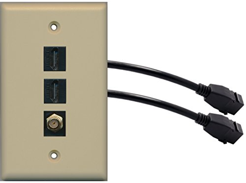 RiteAV (1 Gang Decorative) 2 HDMI Black Coax Wall Plate w/ Pigtail Extension Cable Ivory