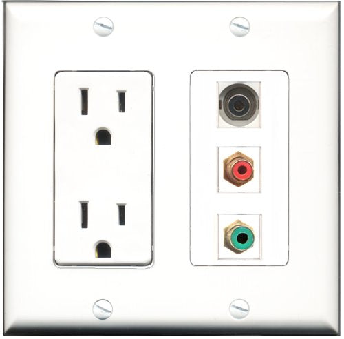RiteAV - 15 Amp Power Outlet 1 Port RCA Red 1 Port RCA Green 1 Port 3.5mm Decorative Wall Plate