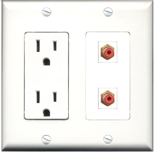 RiteAV - 15 Amp Power Outlet 2 Port RCA Red Decorative Type Wall Plate White