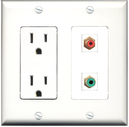 RiteAV - 15 Amp Power Outlet and 1 Port RCA Red and 1 Port RCA Green Decorative Type Wall Plate White