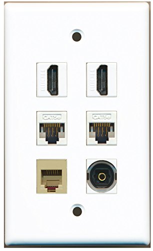 RiteAV - 2 HDMI 1 Port Phone RJ11 RJ12 Beige 1 Port Toslink 2 Port Cat5e Ethernet White Wall Plate