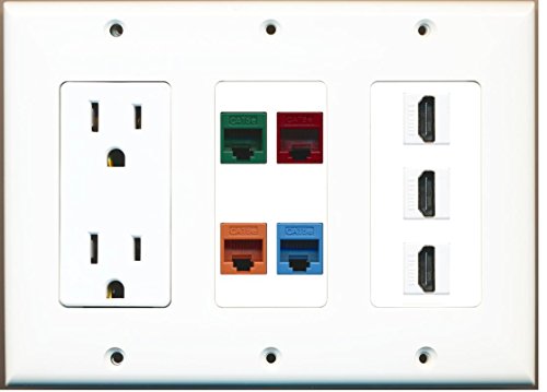 RiteAV - (3 Gang) 15A Power Outlet 3 HDMI Cat5e Blue Green Orange Red Wall Plate