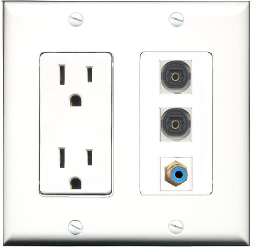 RiteAV - 15 Amp Power Outlet 1 Port RCA Blue 2 Port Toslink Decorative Wall Plate