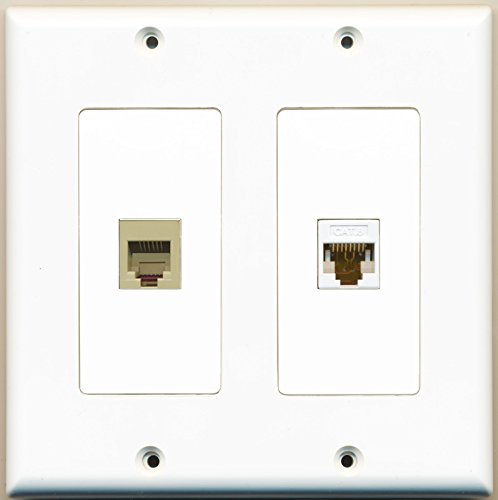 RiteAV - 1 Port Phone RJ11 RJ12 Beige 1 Port Cat6 Ethernet White - Dual Gang Wall Plate