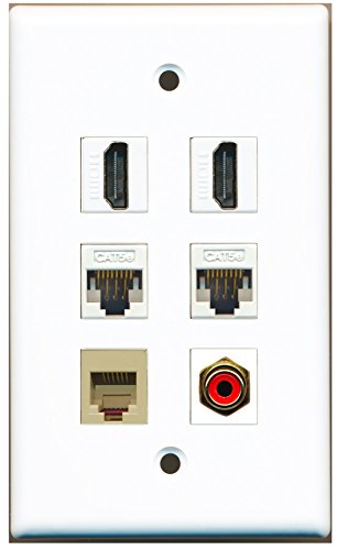 RiteAV - 2 HDMI 1 Port RCA Red 1 Port Phone RJ11 RJ12 Beige 2 Port Cat5e Ethernet White Wall Plate