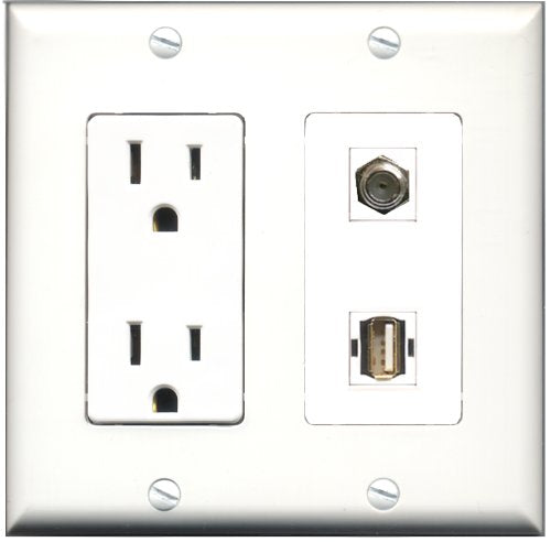 RiteAV - 15 Amp Power Outlet and 1 Port Coax Cable TV- F-Type and 1 Port USB A-A Decorative Type Wall Plate White