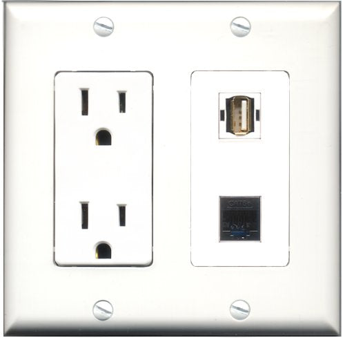 RiteAV - 15 Amp Power Outlet and 1 Port USB A-A and 1 Port Cat5e Ethernet Black Decorative Type Wall Plate White