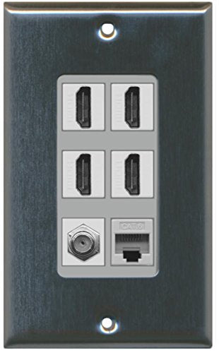 RiteAV - 4 Port HDMI 1 Coax Cable TV- F-Type 1 Cat6 Ethernet Wall Plate Decorative - Stainless Steel/Gray