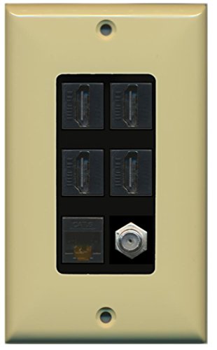 RiteAV - 4 Port HDMI 1 Coax Cable TV- F-Type 1 Cat6 Ethernet Wall Plate Decorative - Ivory/Black