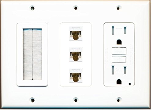 RiteAV - (3 Gang) 15A GFCI Outlet Mesh-Brush 3 Cat6 White Wall Plate White
