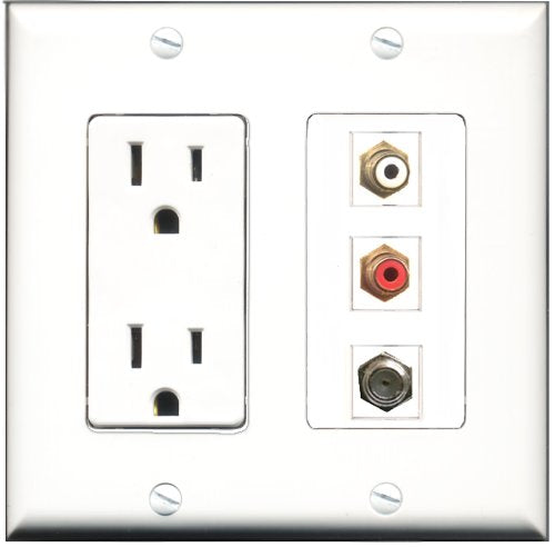 RiteAV - 15 Amp Power Outlet 1 Port RCA Red 1 Port RCA White 1 Port Coax Decorative Wall Plate