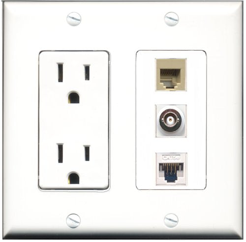 RiteAV - 15 Amp Power Outlet 1 Port Phone Beige 1 Port BNC 1 Port Cat5e Ethernet White Decorative Wall Plate