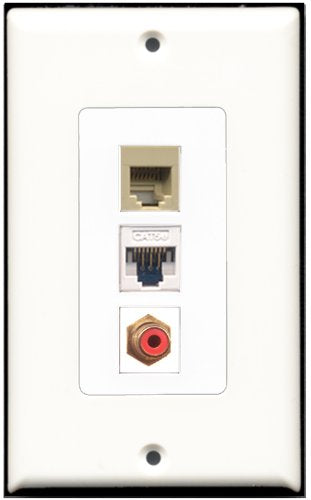 RiteAV - 1 Port RCA Red 1 Phone RJ11 RJ12 Beige 1 Cat5e Ethernet White Wall Plate Decorative