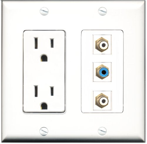 RiteAV - 15 Amp Power Outlet 2 Port RCA White 1 Port RCA Blue Decorative Wall Plate
