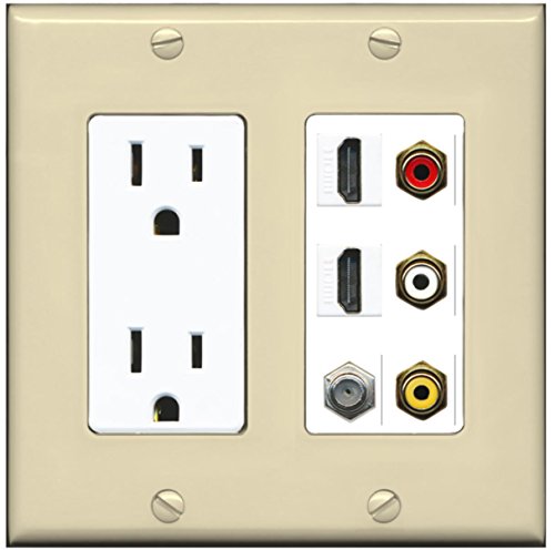 RiteAV - 2 x 15 Amp 125V Power Outlet 3 x RCA - 2 X HDMI and 1 x Coax Cable TV Port Wall Plate - Ivory/White