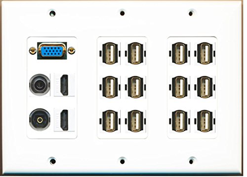 RiteAV - (3 Gang) Svga 2 HDMI 3.5mm Toslink 12 USB A-A Wall Plate White