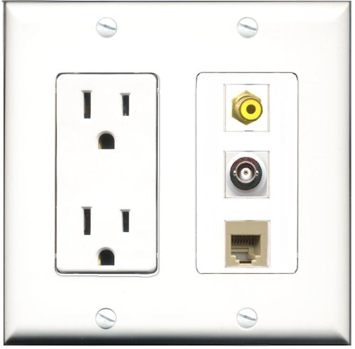 RiteAV - 15 Amp Power Outlet 1 Port RCA Yellow 1 Port Phone Beige 1 Port BNC Decorative Wall Plate