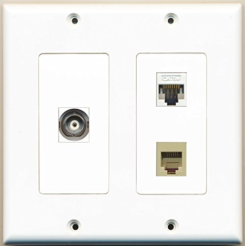 RiteAV - 1 Port Phone RJ11 RJ12 Beige 1 Port BNC 1 Port Cat5e Ethernet White - 2 Gang Wall Plate