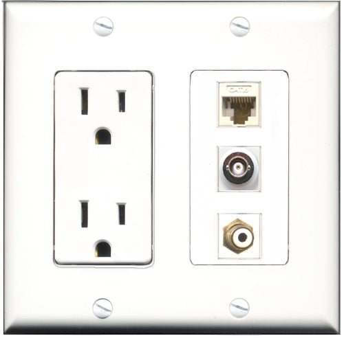 RiteAV - 15 Amp Power Outlet 1 Port RCA White 1 Port BNC 1 Port Cat6 Ethernet Ethernet White Decorative Wall Plate