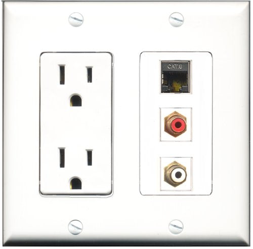 RiteAV - 15 Amp Power Outlet 1 Port RCA Red 1 Port RCA White 1 Port Shielded Cat6 Ethernet Ethernet Decorative Wall Plate
