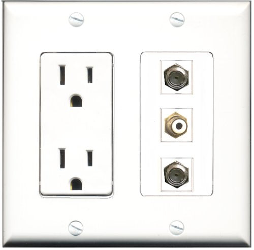 RiteAV - 15 Amp Power Outlet 1 Port RCA White 2 Port Coax Decorative Wall Plate