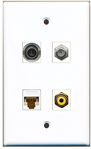 RiteAV - 1 Port RCA Yellow 1 Port Coax Cable TV- F-Type 1 Port 3.5mm 1 Port Cat6 Ethernet White Wall Plate