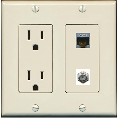 RiteAV - (2 Gang Decorative) 15A Power Outlet Coax Shielded Cat6 Wall Plate Light Almond