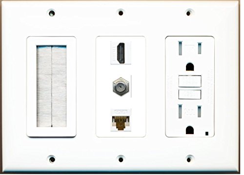 RiteAV - (3 Gang) 15A GFCI Outlet Mesh-Brush HDMI Coax Cat6 White Wall Plate White