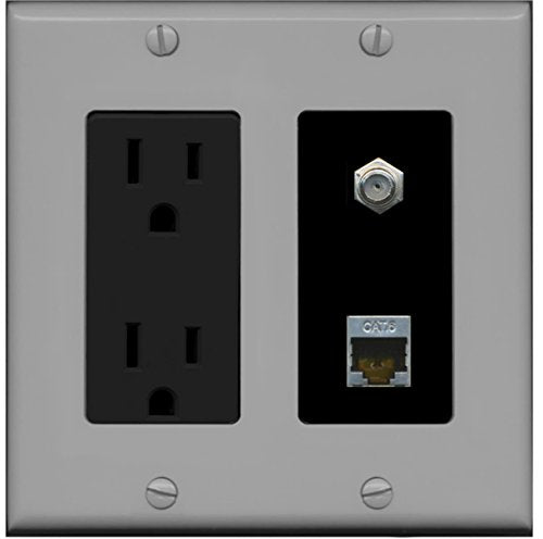 RiteAV - 15 Amp Power Outlet 1 Port Coax Cable TV- F-Type and Shielded Cat6 Ethernet Wall Plate - Gray/Black