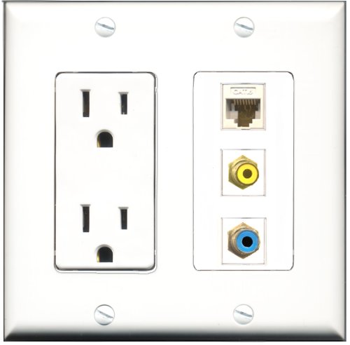 RiteAV - 15 Amp Power Outlet 1 Port RCA Yellow 1 Port RCA Blue 1 Port Cat6 Ethernet Ethernet White Decorative Wall Plate