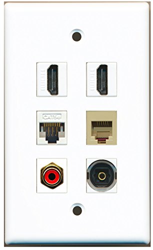 RiteAV - 2 HDMI 1 Port RCA Red 1 Port Phone RJ11 RJ12 Beige 1 Port Toslink 1 Port Cat5e Ethernet White Wall Plate