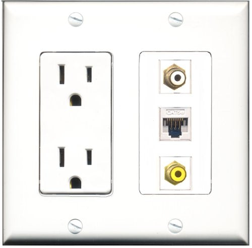 RiteAV - 15 Amp Power Outlet 1 Port RCA White 1 Port RCA Yellow 1 Port Cat5e Ethernet White Decorative Wall Plate