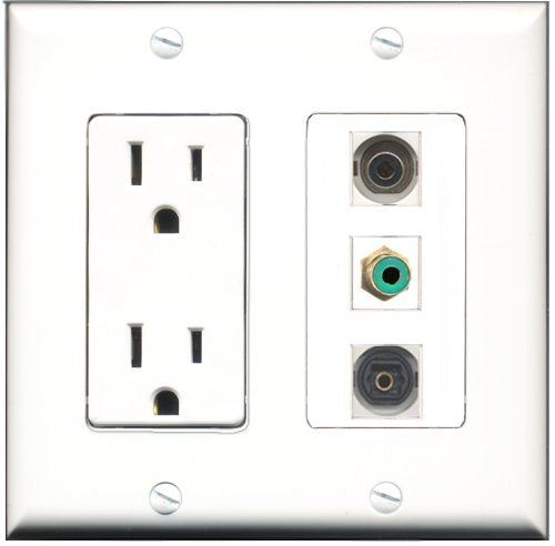 RiteAV - 15 Amp Power Outlet 1 Port RCA Green 1 Port Toslink 1 Port 3.5mm Decorative Wall Plate