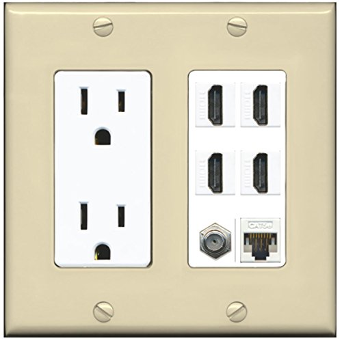 RiteAV 15A Power Outlet, 4 HDMI, 1 Cat5e Ethernet, 1 Coax Cable TV Wall Plate - Ivory/White