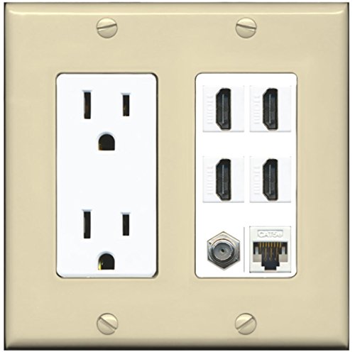 RiteAV 15A Power Outlet, 4 HDMI, 1 Cat5e Ethernet, 1 Coax Cable TV Wall Plate - Ivory/White
